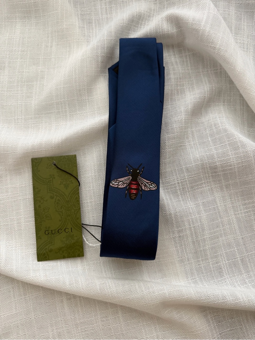 Authentic Gucci Blue Silk Bee Embroidered Tie Made in Italy